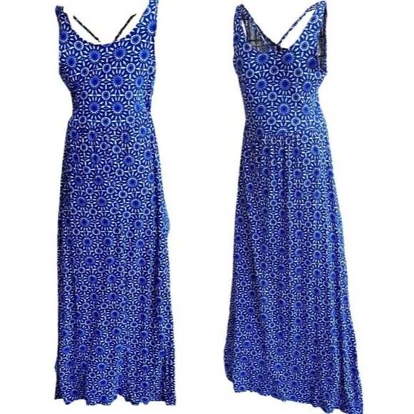 SO Maxi Dress Girls Sz M Blue White Floral Sleeveless Strappy Front Side Slits - Picture 6 of 12